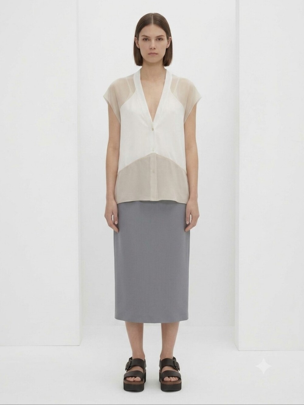 Helmut Lang Silk Cotton Sheer Sleeveless S Blouse Minimalist Neutral Shirt Top
